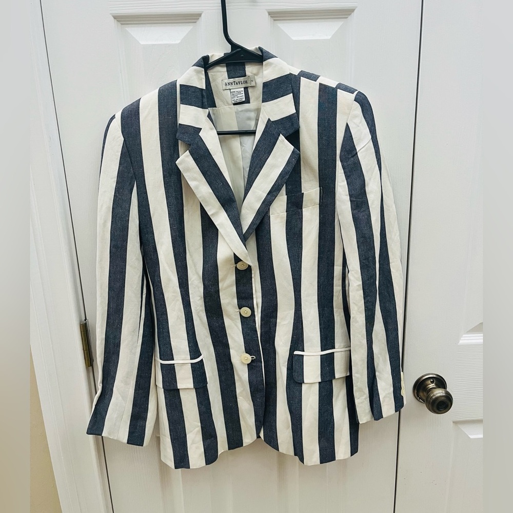 ANN TAYLOR Striped Linen Blend Open-Front Blazer | Size 2
